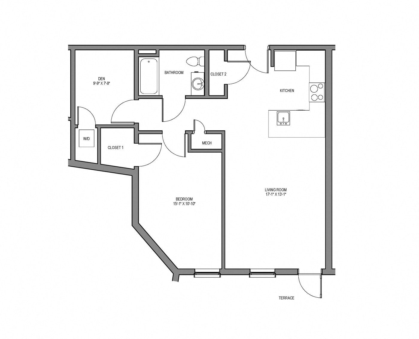 Floor plan for 1 bed, 1 bath, 797 sqft